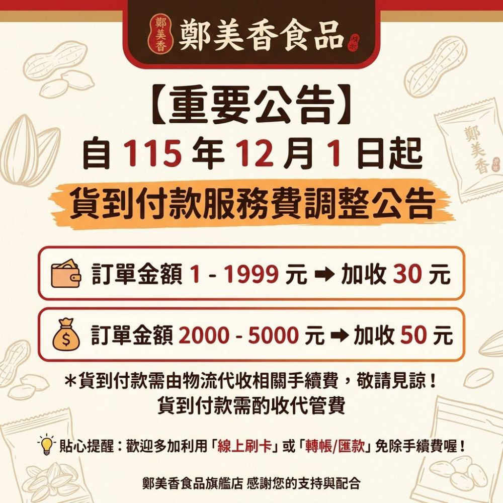 115年12月1日起貨到付款需酌收代管費